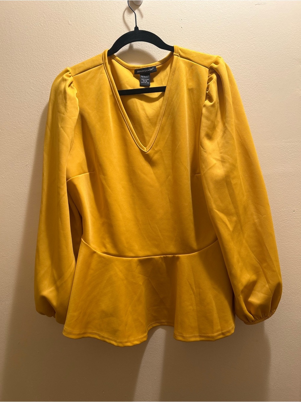 a new day Mustard Yellow V-Neck Peplum Top with Puff Sleeves